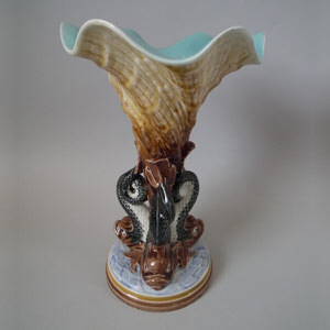 Gustafsberg Majolica dolphin & cornucopia vase