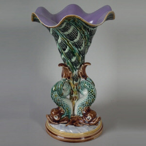 Gustafsberg Majolica dolphins & shell vase