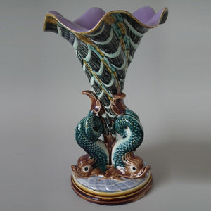 Gustafsberg Majolica dolphins & shell vase