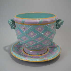 George Jones Majolica ribbon jardinière & stand
