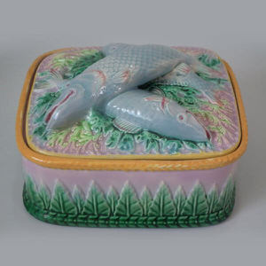 George Jones Majolica pink sardine dish & cover