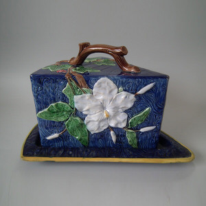 Majolica wedge-shaped cheese dish & cover