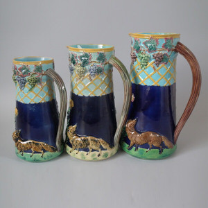 Set of 3 Brown Westhead Moore Majolica fox & grape pitchers