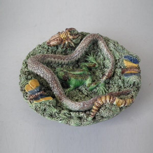 Small Cunha Palissy Majolica Snake and Frog Wall Plate