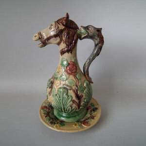 Rare Mafra Palissy Majolica Horse Ewer & Stand