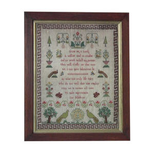 Antique Sampler, 1805 Peacock Sampler by Priscilla Cooper