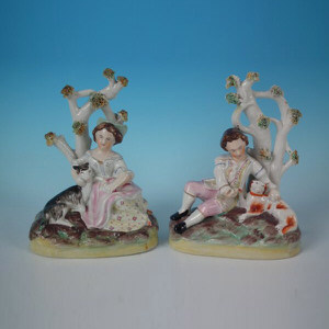 Pair Staffordshire figures : boy with dog & girl with goat