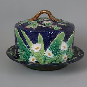 George Jones Majolica Floral Cheese Dome and Stand