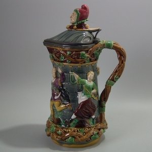 Minton Majolica Tower Jug/Pitcher with Pewter Lid